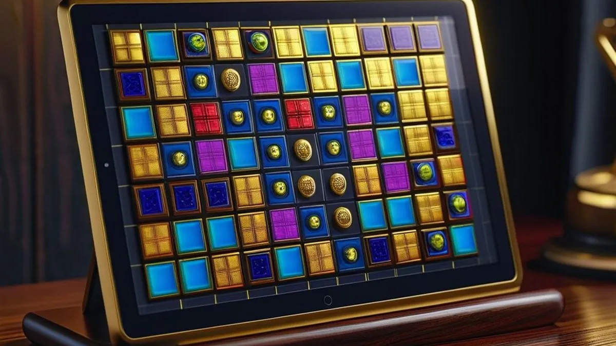 Tablet con una cuadrícula de miniaturas de juegos de colores sobre una mesa de madera