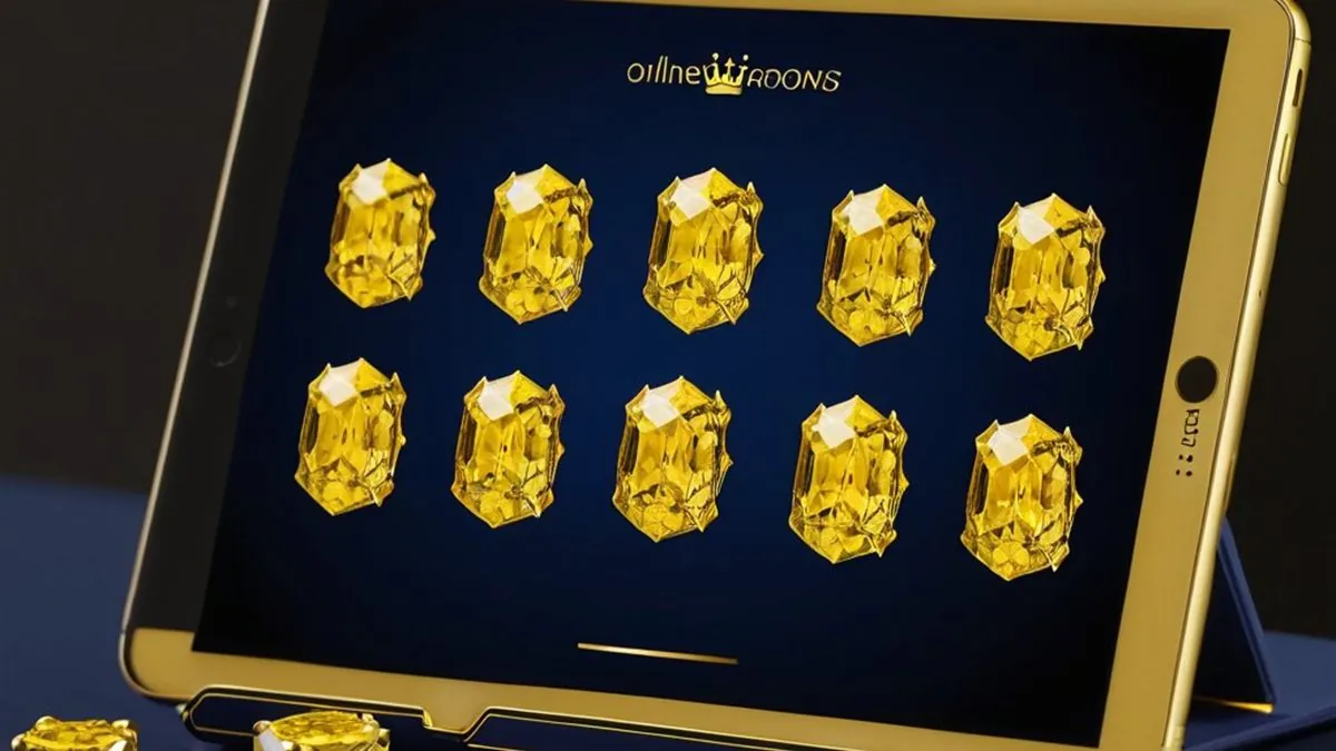 Tablet con gemas amarillas en pantalla azul y gemas sobre el escritorio